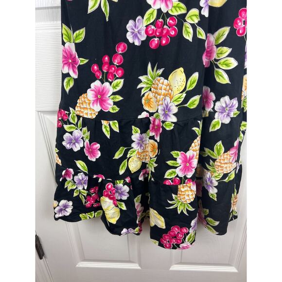 Karin Stevens Black Fruit Floral Hawaiian Sun Dress XS VTG 90s Summer Vacation - Picture 4 of 6